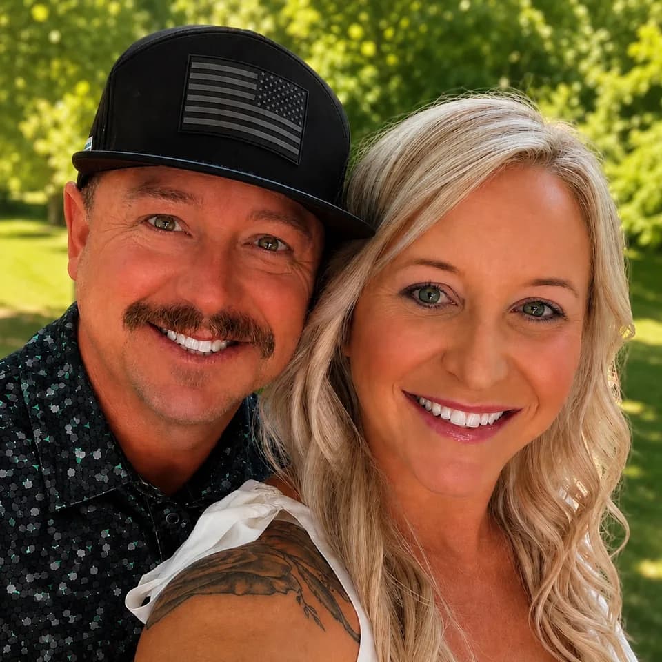 Debra and Michael Russell, the owners of Antelope Creek Ranch Venue near Wichita, Kansas, photographed close together outdoors on a summer afternoon with sunlit trees behind them.