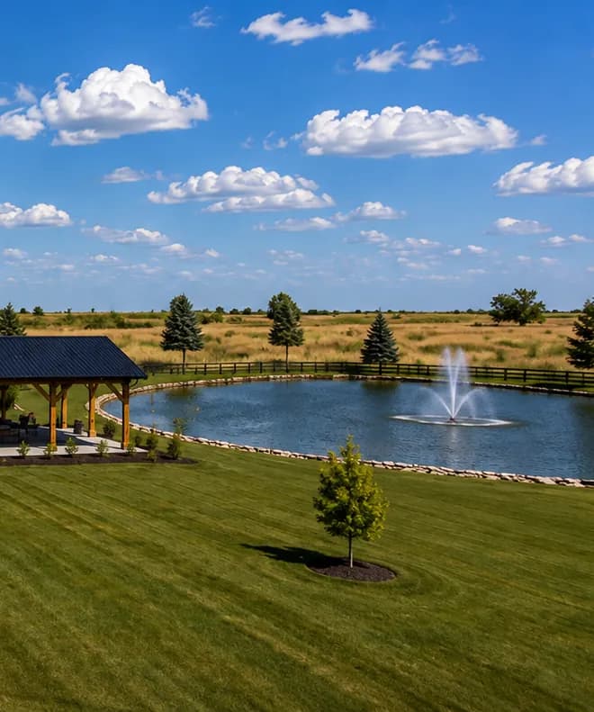 Representación arquitectónica de la laguna y la fuente en Antelope Creek Ranch Venue en Oxford, Kansas.