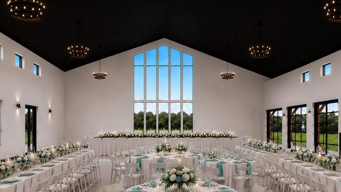 Representación arquitectónica del salón de recepciones de Antelope Creek Ranch Venue montado para una boda, con mesas redondas, una mesa larga de honor bajo el ventanal y una barra sobre la pared derecha.